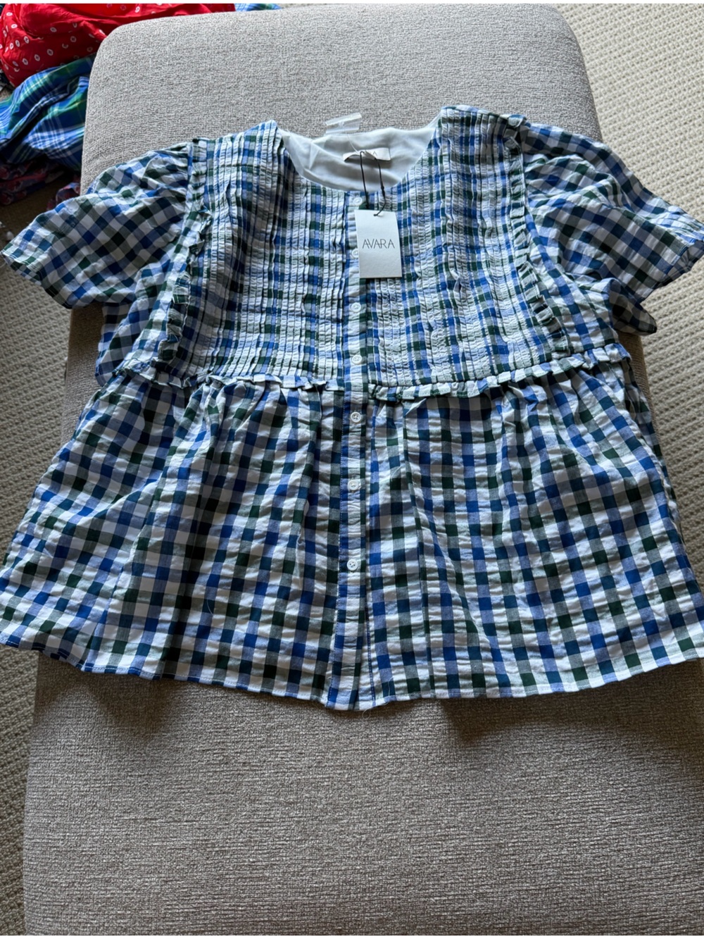 Blue & Green Gingham button down peplum top